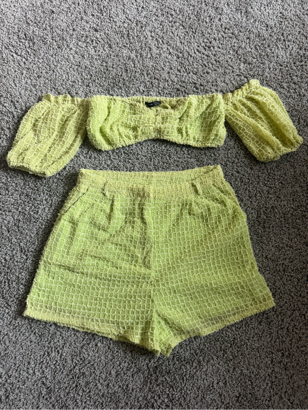 SHEIN Neon Yellow glitter Textured Two-Piece Crop Top & Shorts Set